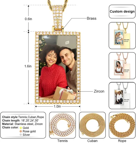 Miniatura 2 de TUHE - dije personalizado con texto o imagen personalizada de Hip Hop, chapado en oro de 18 quilates o platino AAA CZ, de Iced Out Zircon, con foto