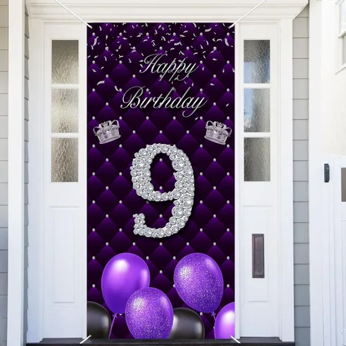 Miniatura 43 de Cartel morado de feliz primer cumpleaños telón de fondo para cabina de fotos, globos de corona plateada, decoración temática para niña, aniversario