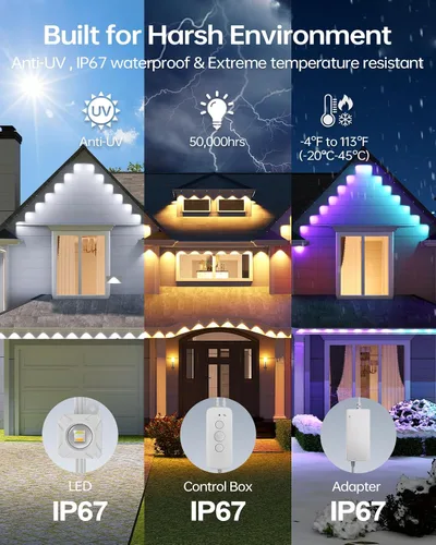 Miniatura 8 de ASAHOM Luces permanentes para exteriores Pro S108B, 100 pies con 72 luces LED RGBCW, WLED integrado, 70lm blanco, efecto dinámico 30000, iluminación