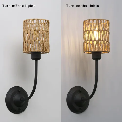 Miniatura 7 de Yosoan Juego de 2 lámparas de pared de ratán estilo bohemio envueltas, lámparas de estilo granja vintage con cableado fijo dorado, trenzado de latón