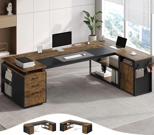 Miniatura 9 de Escritorio ejecutivo de 78 pulgadas con archivador con cerradura, escritorio de oficina en forma de L con tomas de corriente, escritorio ejecutivo