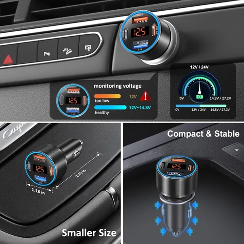 Miniatura 3 de Cargador de coche USB C, 4 puertos 65W Dual 12V USB-A y USB-C Cargador de teléfono para automóvil con voltímetro PD/QC 3.0 Cargador de encendedor