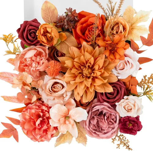 Miniatura 7 de TINGE TIME - Juego de flores artificiales color naranja quemado y azul marino para manualidades, ramos de boda, centros de mesa, arreglos, fiestas