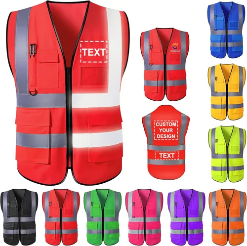 Miniatura 9 de Chaleco de seguridad personalizado para hombre, ropa de trabajo de protección de alta visibilidad, 5 bolsillos, clase 2 con tira reflectante Verde