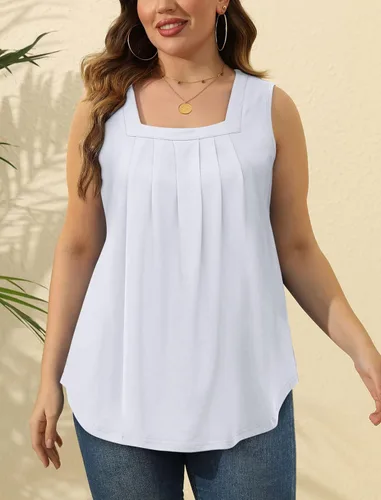 Miniatura 110 de Saloogoe - Camisetas sin mangas veraniegas para mujeres, plisadas con cuello cuadrado y dobladillo curvado, blusas de ajuste holgado con movimiento