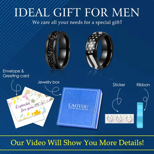 Miniatura 33 de LAOYOU Anillo giratorio para hombre para alivio de la ansiedad 0.315 in de acero inoxidable negro anillo de ansiedad con incrustaciones de cadena