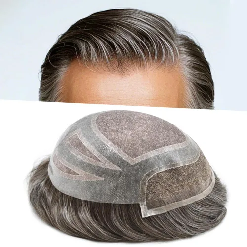 Miniatura 25 de Sistema de repuesto de piezas de cabello humano tipo tupé para hombre, transpirable, encaje francés, peluca para hombre, peluca de piel de #1B Negro