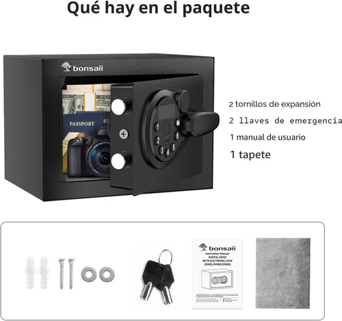 Miniatura 5 de Bonsaii caja fuerte con teclado electrónico, caja de seguridad de acero con llave, 0.23 pies cúbicos, 9.06 pulgadas de ancho x 6.69 pulgadas