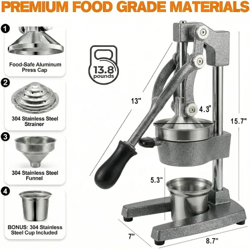 Miniatura 2 de Exprimidor de cítricos de hierro fundido – Prensa manual de naranja resistente de 13.8 libras, taza y colador de acero inoxidable 304, exprimidor