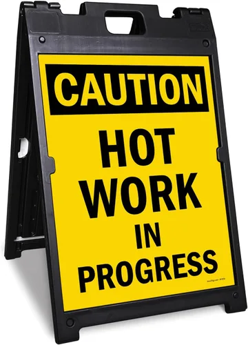 Miniatura 9 de SmartSign Letrero plegable de plástico con texto en inglés "Caution - Hot Work In Progress" de 25 x 12 pulgadas, color negro y amarillo Hot Work in
