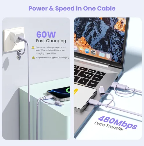 Miniatura 4 de Elebase Cable de carga 4 en 1 de 3.3 pies, cable de carga múltiple, cable de carga múltiple para iPhone con adaptador USB/Lightning para Apple 17 16