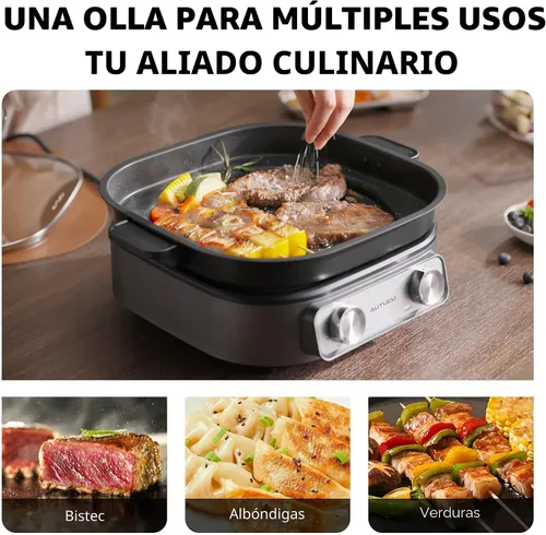 Miniatura 4 de Sartén eléctrica de 6 cuartos con parrilla Olla antiadherente con revestimiento cerámico libre de PFOA, 1600W, temporizador y 3 configuraciones