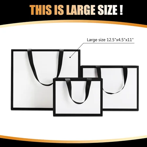 Miniatura 5 de Bolsas de regalo en blanco y negro con asas de cinta, 10 unidades de 12.5 x 4.5 x 11 pulgadas, bolsa de regalo blanca y negra, bolsas de regalo