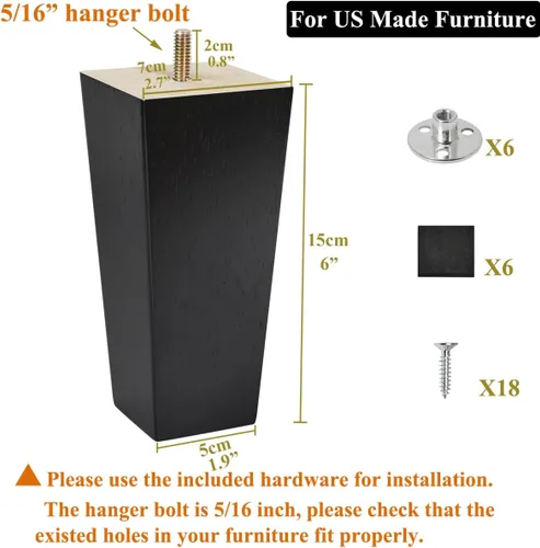 Miniatura 2 de Juego de 6 patas para muebles de 6 pulgadas, color negro, patas otomanas de repuesto para sofá seccional, cómoda, reclinable, mesita de noche