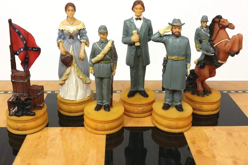 Miniatura 5 de Juego de ajedrez de reinas de la guerra civil estadounidense con tablero de almacenamiento de color nogal y arce de 17 pulgadas de alto brillo