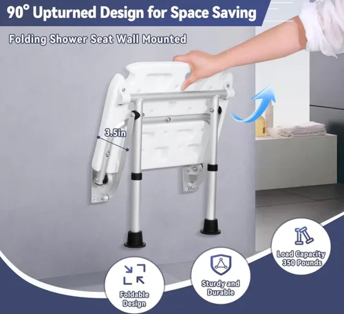 Miniatura 5 de Silla de pared plegable de altura ajustable de 5 velocidades (16.5-20.4 pulgadas) con una capacidad de peso de 400 libras, adecuada para baños
