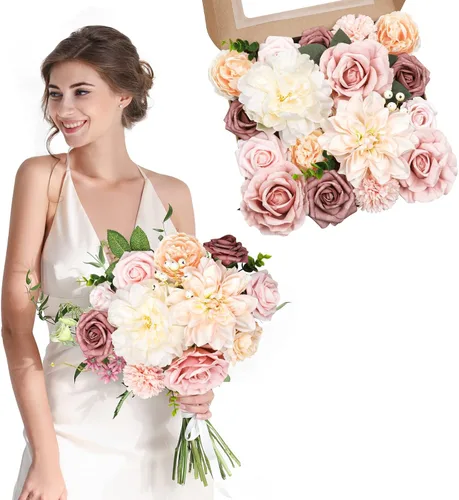 Miniatura 7 de AmyHomie - Juego de flores artificiales color rosa pálido y champán, flores de seda falsas, peonías, rosas con tallo para bricolaje, ramos de boda