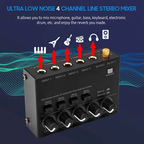 Miniatura 5 de Mezclador estéreo de línea de 4 canales de ruido ultra bajo 4 entradas 1 salida DC 5V mini mezclador de audio portátil micrófono guitarra bajo