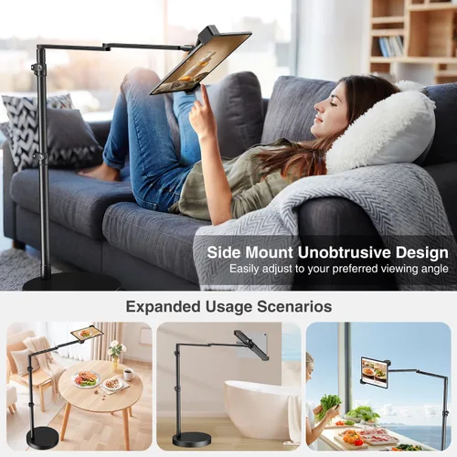 Miniatura 9 de elitehood Soporte de suelo para iPad de diseño diagonal con base resistente, soporte horizontal de 24 pulgadas de brazo largo para cama reclinable