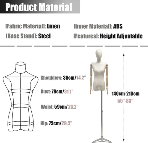 Miniatura 7 de Female Mannequin Torso Dress Form, Display Body with Detachable Head Wooden Hands for Jewelry Adjustable 55”-83”Height Tripod Stand Adjustable Gold