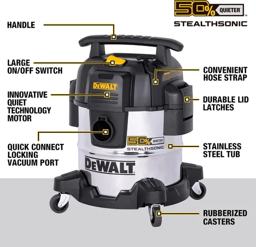 Miniatura 3 de DEWALT STEALTHSONIC - Aspiradora para tienda en seco y húmedo de 5 galones, 4 HP con 6 bolsas de polvo, ultra silenciosa, de acero inoxidable