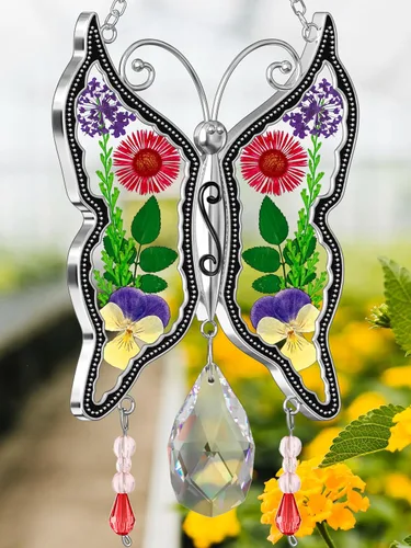 Miniatura 7 de KY&BOSAM - Atrapasoles de mariposa para mamá, regalos de cristal para ventanas, carillón de viento con alas de flores prensadas auténticas con dije