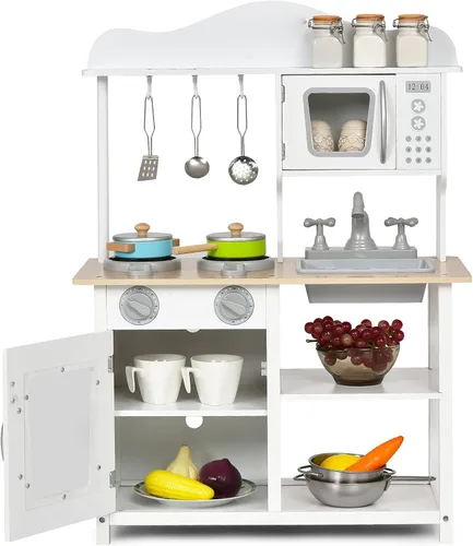 Costzon Juego de cocina para niños, juego de cocina de juguete de madera con fregadero, horno, microondas, estufa, ollas, utensilios, cocina de