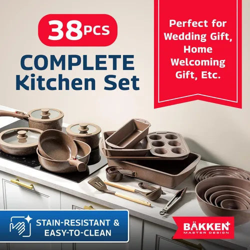 Miniatura 5 de Bakken Master - Juego de utensilios de cocina y utensilios para hornear de granito de 38 piezas, revestimiento de granito antiadherente, ollas