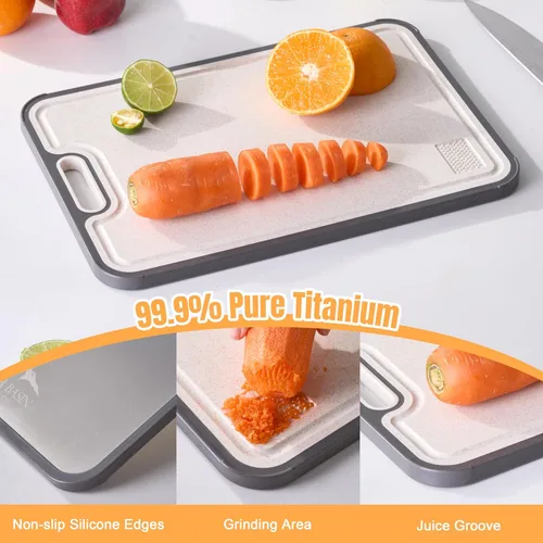 Miniatura 5 de Tabla de cortar de titanio de doble cara con paja de trigo PP lado para cocina, tabla de cortar antideslizante compacta mediana 15.2 x 10.5 pulgadas