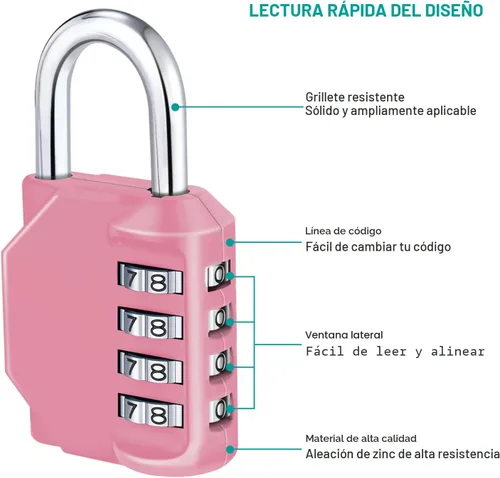 Miniatura 3 de ZHEGE Candado de Combinación, Candado de Combinación de 4 Dígitos para Exteriores, Candado Escolar, Candados de Gimnasio (Rosa)