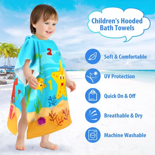 Miniatura 4 de HUANLANG Toalla de playa con capucha para niños y niñas, toalla de playa para baño, piscina, poncho de playa, toalla de algodón súper suave
