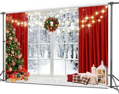 Miniatura 4 de Telón de fondo navideño de 7 x 5 pies, telón de fondo de ventana navideña para fotografía, escena de nieve de invierno, decoración de fiesta