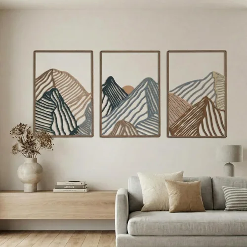 Peryiter 3 piezas de arte de pared de metal, decoración de paisaje de montaña, decoración para colgar en la pared para sala de estar, abstracto,