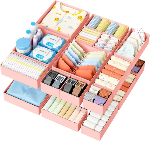 Miniatura 27 de DIMJ Organizador de cajones de ropa – Paquete de 20 contenedores organizadores de cajones de armario para almacenamiento de ropa de bebé, Rosa