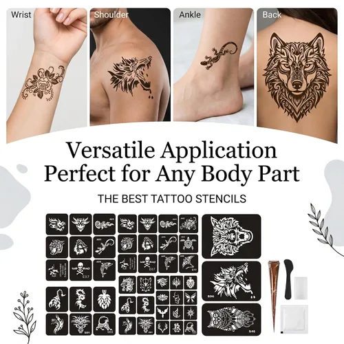 Miniatura 2 de Kotbs 6 hojas de plantillas temporales de tatuaje, 34 piezas de plantillas de tatuajes de henna con patrón de tótem de tigre y lobo, plantillas