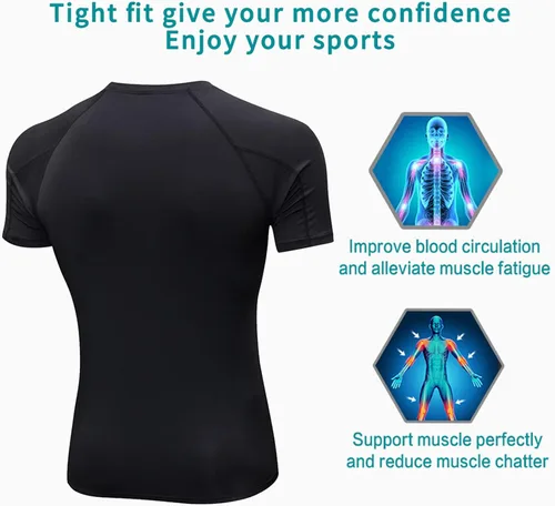 Miniatura 7 de Camisetas de compresión para hombre, de manga corta, para entrenamiento, gimnasio, correr, secado fresco, deportes, capa base, atléticas, camisetas