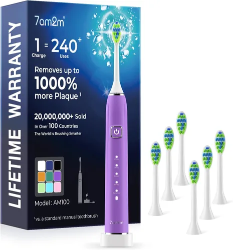 Miniatura 12 de 7AM2M Cepillo de dientes eléctrico sónico con 6 cabezales de cepillo para adultos y niños, una carga durante 120 días, carga rápida inalámbrica, 5