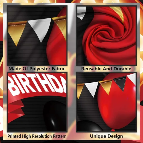 Miniatura 3 de FlagY-Bn-14 - Cartel de feliz cumpleaños número 14, decoración de pancarta negra, telón de fondo dorado, globos rojos y negros, decoración temática