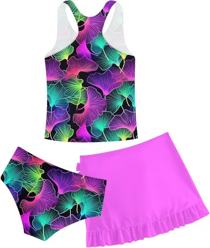 Miniatura 13 de Traje de baño tankini de 3 piezas para niñas, lindo bikini con salida de baño con falda de playa de 5 a 16 años