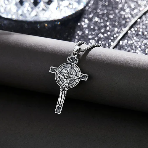Miniatura 4 de ADMETUS Collar de plata de ley 925 con diseño de santo patrón, collar de amuleto, joyería de cruz para hombre con cadena Rolo de 0.098 in, 22