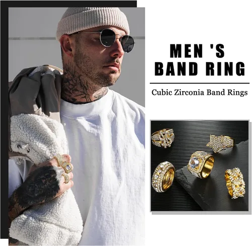 Miniatura 3 de Sanfenly Anillo helado para hombre, chapado en oro de 14 quilates, anillo meñique con diamantes de alta calidad, con circonita cúbica, signo