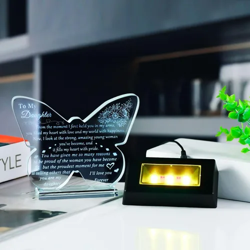 Miniatura 7 de YWHL Regalo para mi Hija de Papá Mamá, Mejores Regalos de Cumpleaños para Hija Adulta, Recuerdo de Vidrio en Forma de Mariposa con Base de Luz