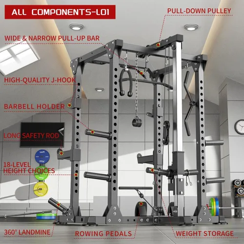 Miniatura 2 de Power Cage - Rack de Potencia Multifunción con Sistema de Cruce de Cables, Rack para Sentadillas de Capacidad de 1800 LBS con Banco de Pesas