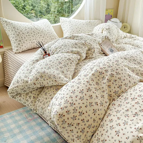Miniatura 17 de HighBuy Juego de funda de edredón vintage con volantes y estampado de rayas francesas, 100% algodón con cierre de cremallera, juego de ropa de cama