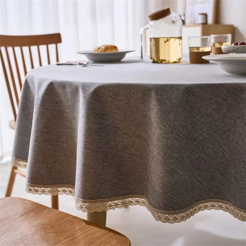 Miniatura 10 de Dimatic Mantel redondo con textura de lino con ribete de encaje, impermeable, a prueba de derrames, para decoración de mesa de cocina, comedor, Beige