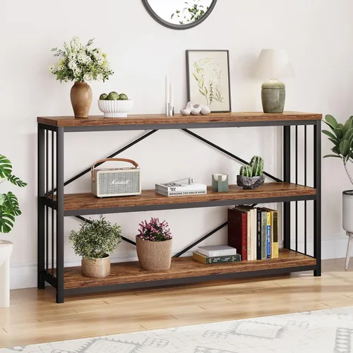 Miniatura 12 de LVB Mesa consola industrial, mesa de sofá de metal y madera, mesa de entrada rústica con almacenamiento, moderno estante de 3 niveles mesa larga