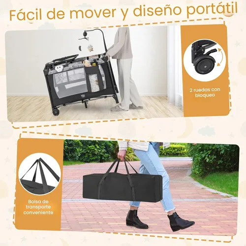 Miniatura 9 de BABY JOY 3 en 1 Pack and Play, Corralito Portátil para Bebé con Moisés, Mesa Cambiadora, Ruedas Bloqueables, Caja de Música Luminosa, Cuna Moisés