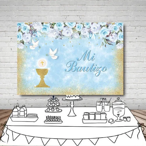 Miniatura 4 de MEHOFOND Mi Bautizo - Telón de fondo para fiesta de bautismo para niños, fondo de fotografía de fondo dorado con texto en inglés "Bless Bles", Azul