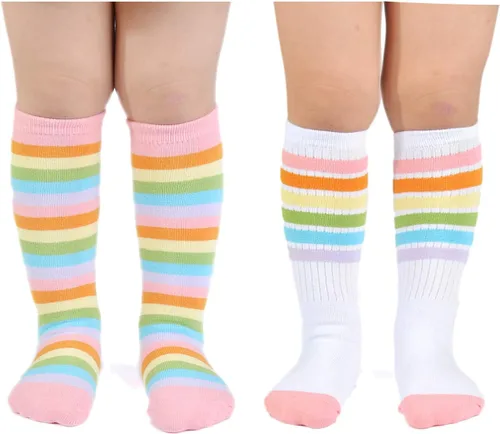 EPEIUS Calcetines altos hasta la rodilla con rayas de arco iris para bebé, calcetines de tubo antideslizantes para uniforme de fútbol para niños