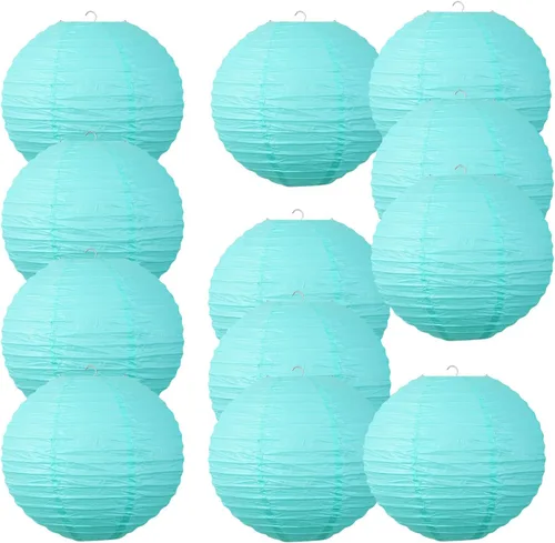 Juego de 12 linternas de papel de estilo chino, adecuadas para decoración de fiestas (azul claro, 12 pulgadas)